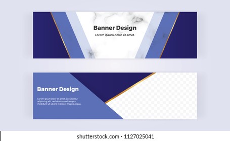 Modern geometric web banners with blue triangular shapes and golden lines on the marble background. Template for designs, business card, flyer, invitation, birthday, wedding, email, web
