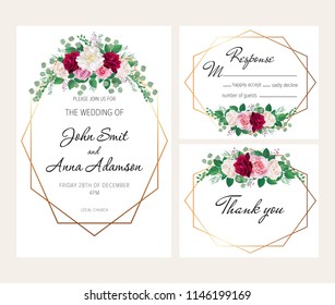 Modern geometric wedding invitation set with dark, pink and white roses and white peonies. This wedding invitation template set includes three templates: invitation card, rsvp card and thank you card.