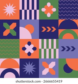 Vector de arte geométrico moderno en colores brillantes. Diseño de Anuncio azul, naranja y verde.
