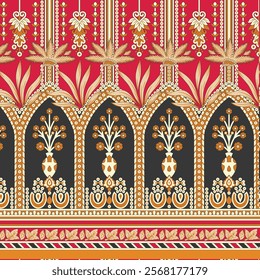 Modern geometrical borders,  reinterpretations of traditional Indian patterns with bold colors for textile branding, wallpapers, and gift wraps.