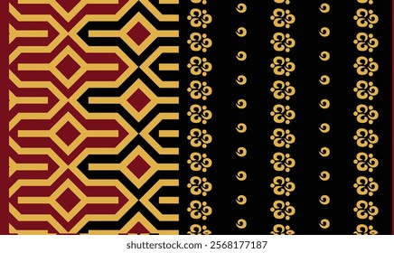 Modern geometrical borders,  reinterpretations of traditional Indian patterns with bold colors for textile branding, wallpapers, and gift wraps.