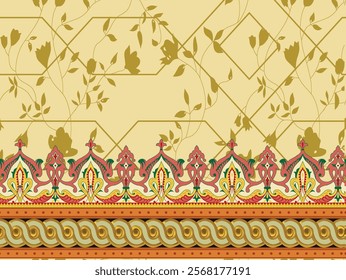 Modern geometrical borders,  reinterpretations of traditional Indian patterns with bold colors for textile branding, wallpapers, and gift wraps.