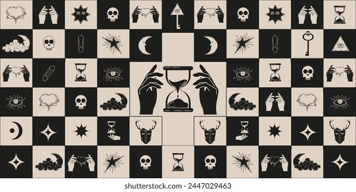 Modern Geometrical Celestial Magic background. Design Mystical backdrop with sandglass. Celestial wallpaper art. Vector illustration can used wallpaper print. EPS 10 Editable stroke