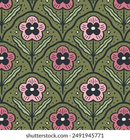 Modern geometrical floral pattern. Pansies flower illustration. Cute botanical abstract contemporary seamless pattern.