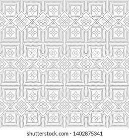 Modern geometrical seamless template. Regularly repeating rhombuses, rectangles, corners from small black points. Vector design of a graphic ornament.