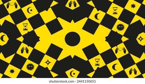 Modern Geometrical taxi background with celestial element. Design yellow Mystical backdrop with taxi checkers. Celestial wallpaper art. Vector illustration. Aesthetic EPS 10 Editable stroke