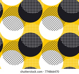 Modern geometry polka dot seamless pattern on yellow backdrop. Vector illustration for background, decoration, surface design.