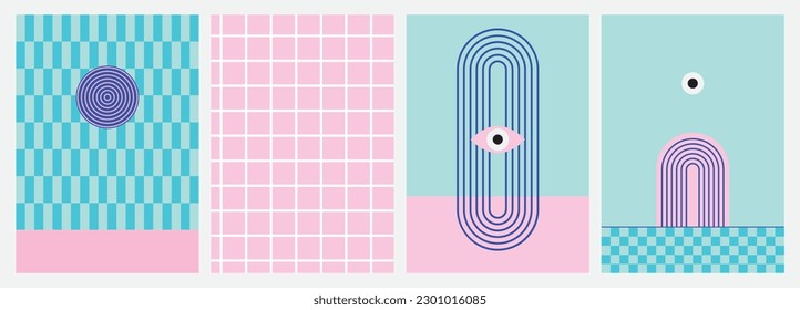  Modern geometry prints for cover. Ice-cream tone. Checker board print. Elements for cafe, office, pool. Abstract pattern. Flat design. Y2k style. Gentle , zine aesthetic. Gelato colors. Minimal