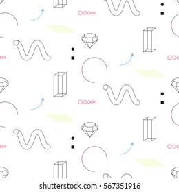 Modern geometry seamless vector pattern. Abstract shapes, color arrows and elements in eighties fashion style. Geometric spirals and diamond on white.