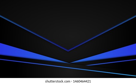 Modern geometry shapes black lines with blue borders on dark background. Luxurious bright blue lines metallic frame layout. Vector Illustration