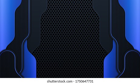 La geometría moderna da forma a las líneas negras con bordes azules sobre fondo oscuro. Lujosa disposición de marcos metálicos de líneas azules brillantes. Ilustración vectorial