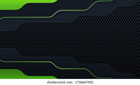 Modern geometry shapes black lines with green borders on dark background. Luxurious bright green lines with metallic effect. Vector Illustration