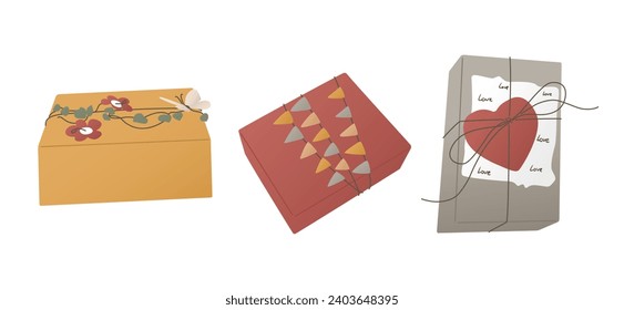 Modern gift boxes with trendy decorations. Gifts for birthday, valentines day, anniversary,wedding. Wrapped gift boxes with flowers, butterfly, flags, heart. Good for sticker, printout, pattern