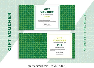 Modern gift card templates with geometric pattern. Elegant discount coupon or certificate mockup in natural green colors. Clean and simple vector editable background with sample text. EPS10