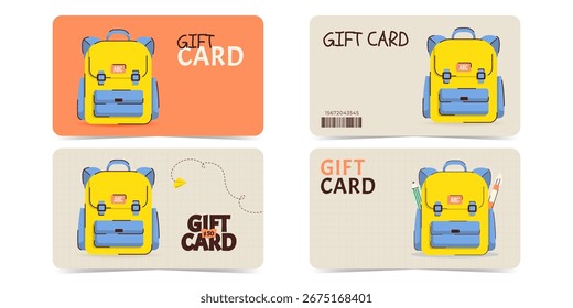 Modern gift cards set with school bag, backpack, paper planes and more. Templates for promotions, discounts, rewards and marketing materials. Flat vector illustration 