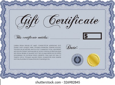 Certificado de regalo moderno. Diseño cordial. Detallado.Con patrón de guilloche y fondo. 
