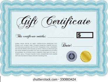 Modern gift certificate. Cordial design. Detailed.With guilloche pattern and background. 