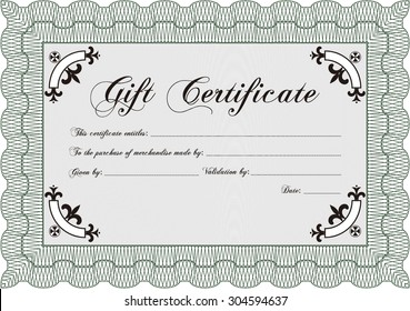 Modern gift certificate. Detailed.Nice design. With guilloche pattern and background. 