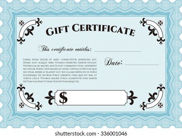 Modern gift certificate. Detailed.Nice design. With guilloche pattern and background. 