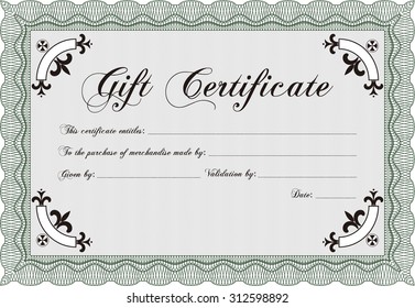 Modern gift certificate. Retro design. Vector illustration.With guilloche pattern and background. 