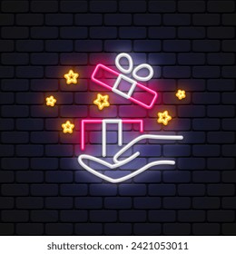 Modern gift hand neon, great design for any purposes. Vector illustration