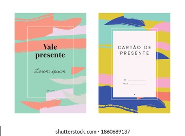 Modern gift voucher gift certificate coupon vector set. Editable template. Fashionable abstract style, trendy layout. Arty brush stroke pattern, lovely colors, line frame. Copy space with sample text.