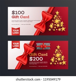 Modern gift voucher or discount coupon with different discount offers with illustration of glossy ribbon and christmas tree.