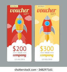 Modern Gift Voucher with Rocket Fly. Vector illustration