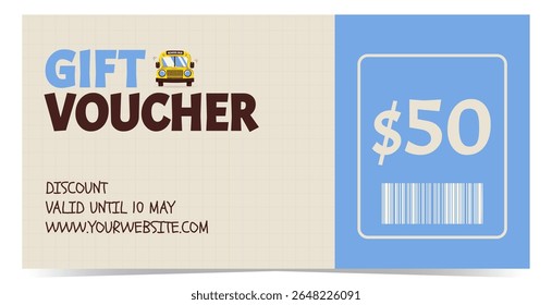 Modern gift voucher template with school bus on squared paper. Design for promotions, discounts, rewards and marketing materials. Flat vector illustration