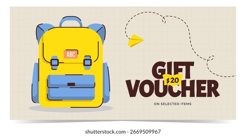Moderne Geschenkgutschein-Vorlage mit Schultasche, Rucksack, Papierflieger und gestrichelten Flugrouten auf quadratischem Papier. Design für Promotionen, Rabatte, Belohnungen und Marketingmaterialien.Flache Vektorgrafik