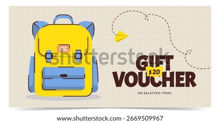 Modern gift voucher template with school bag, backpack, paper plane and dashed flight paths on squared paper. Design for promotions, discounts, rewards and marketing materials.Flat vector illustration