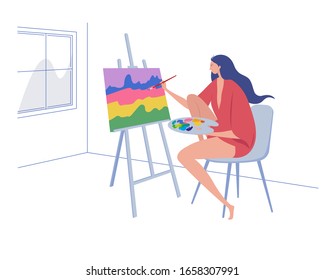 Modern girl artist sits on a chair and draws paints on canvas at an easel. The artist holds a brush and palette and paints. Character vector illustration