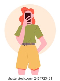 Modern Girl BloggerTakes a Photo of Herself on the Phone in Mirror. Flat Vector Illustration.