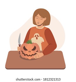 Modern girl carves a pumpkin for Halloween. Preparation for the autumn holiday.Vector flat illustration.