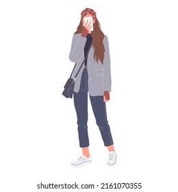 Modern girl with cell phone. Isolated  vector, fashion illustration on white background.