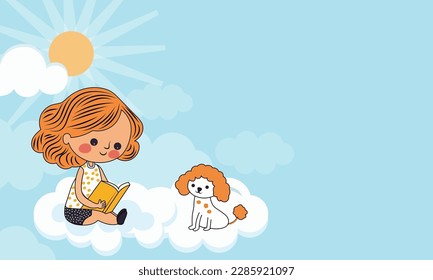 Modern Girl Character Reading Book Near Cartoon Dog Sitting, Clouds On Sunny Blue Background And Copy Space.