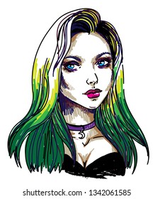 
Modern girl with colored hair. Gradient, ombre. Long hair, choker on the neck. Multicolored drawing markers.