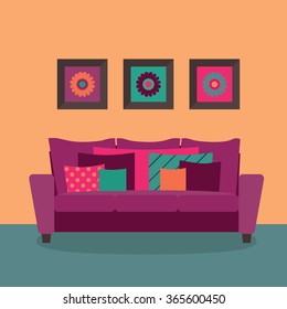 Modern girl couch with cushions. Set of three photo frames. Interior decoration design vector.