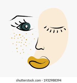 Modern  girl face. Drawing style and three trending colors. For printing on pillows, T-shirts, framed paintings, brochures, business cards in beauty salons. Vector illustration.