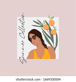 Modern girl face in sunglasses flat minimal illustration with hand drawn botanical decorative elements. Chic fashion women outfit look character