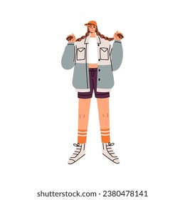Modern girl in fashion casual clothes. Young funny stylish woman with braids, wearing cap, shorts, sneakers. Female in trendy apparel, outfit. Flat vector illustration isolated on white background