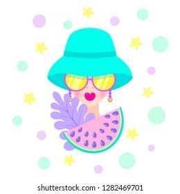 Modern girl in hat with leaf and watermelon on white background.Design for t-shirt. Vector illustration.