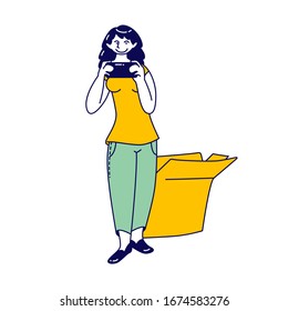 Modern Girl Influencer or Fashion Blogger Recording Video on Smartphone Stand near Unpacked Cardboard Box. Female Character Make Broadcasting Expertise for Beauty Product. Linear Vector Illustration