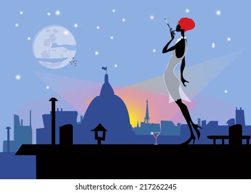 the modern girl on a roof with a cigarette, a wine glass, the moon, night and stars