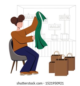 A modern girl parses purchases on the background of the showcase of the sale, she holds a neck scarf. Virtual shopping and augmented reality in retail. Vector concept illustration about ar and vr at
