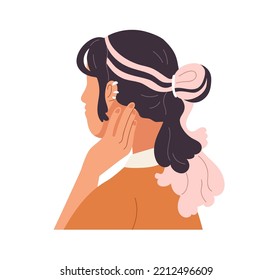 Modern girl profile with coloured dyed hair, strands. Trendy faceless portrait of young fashion woman hiding face. Female character. Colored flat vector illustration isolated on white background