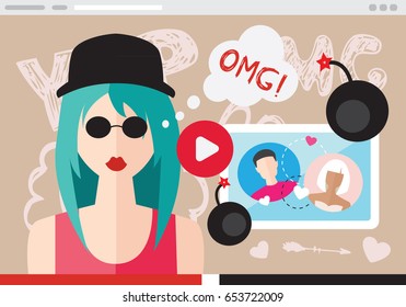 Modern girl records video. Vector illustration in flat style