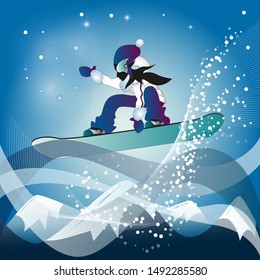 Modern girl riding snowboard. Vector illustration.