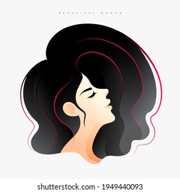 Modern girl side face with bulky black hair, Beautiful girl with charming expression and closed eyes, Vector illustration of female model, Fashion and beauty.