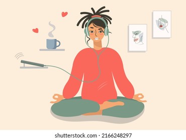 A modern girl is sitting in a lotus position, doing yoga and listening to audio on her phone. Lady in headphones meditates with a cup of coffee at home. Vector flat illustration. Template for yoga day